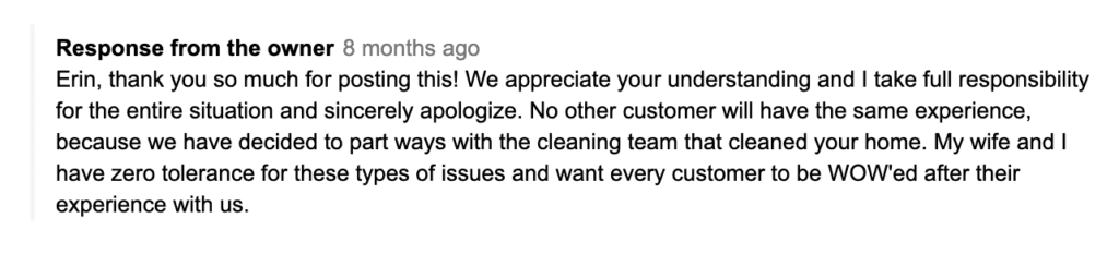 Response from cleaning service owners