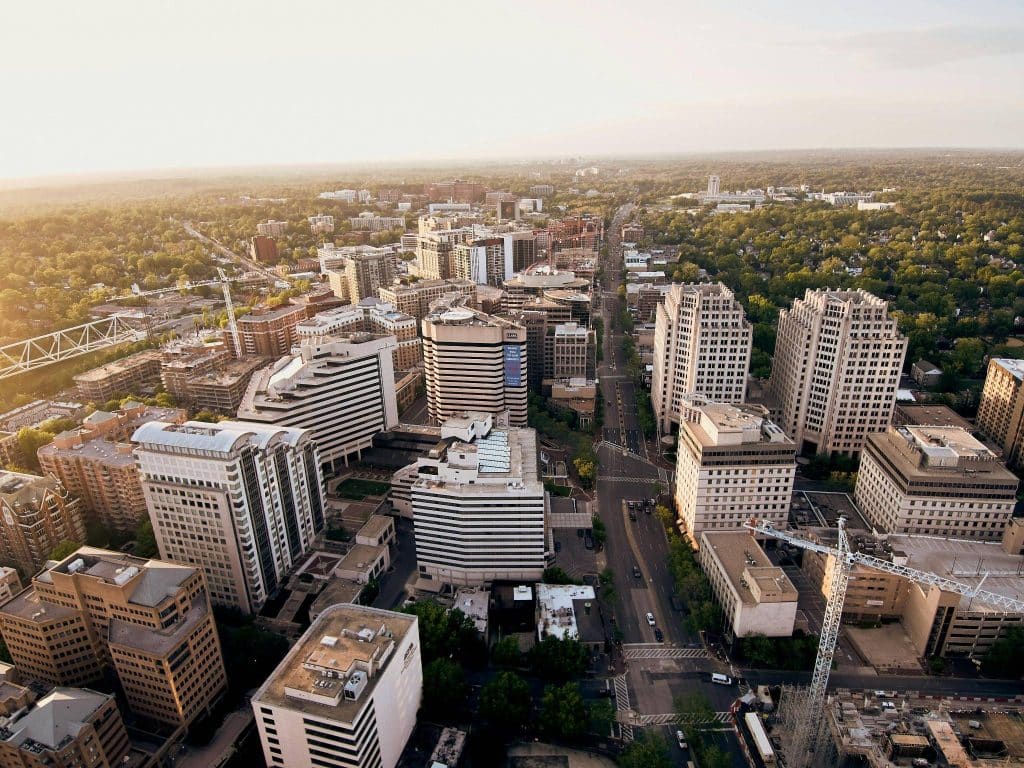 Birds eye view of Denver, Colorado, highlighting the area's best cleaning services."